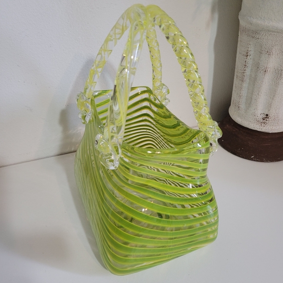 Vintage Lime Green Yellow Striped Swirls Art Glass Purse - Picture 4 of 9